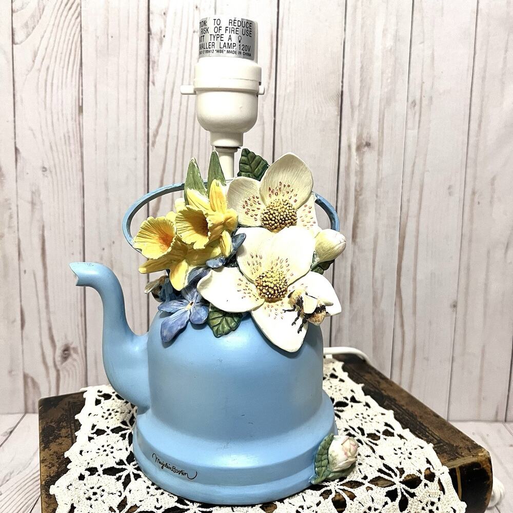 Marjolein Bastin Blue Floral Teapot Table Lamp w Shade, Ceramic Novelty Design